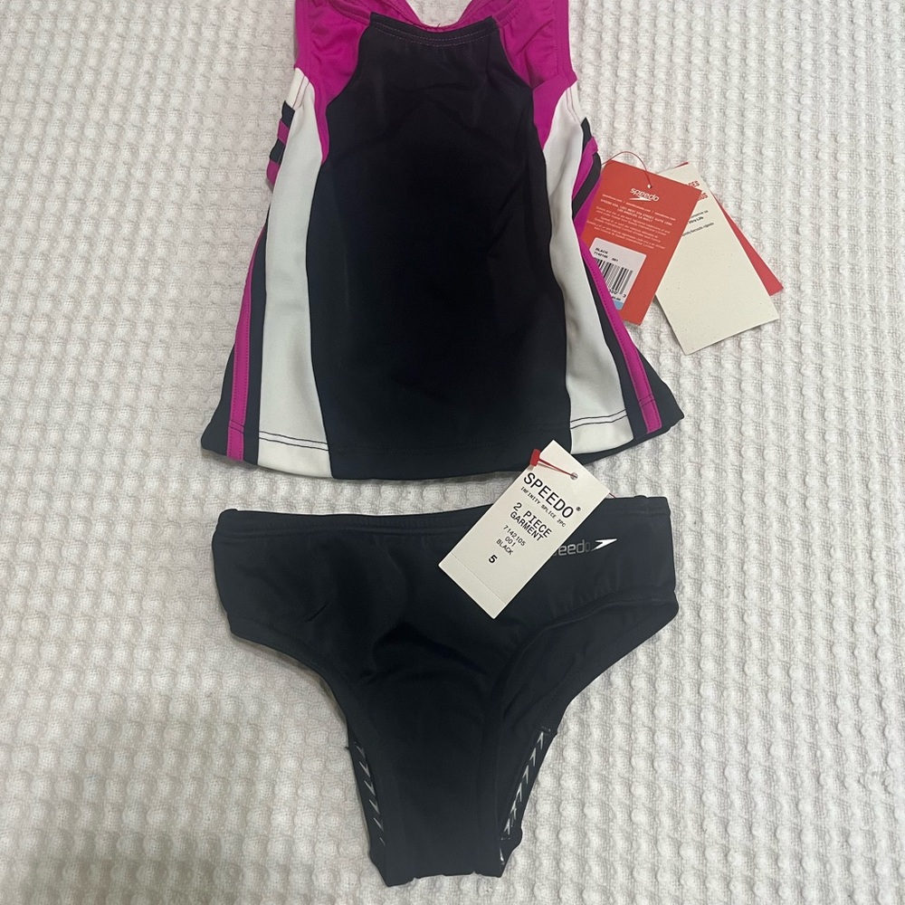 New Speedo Girls  Black and Pink Color Block Tankini Swim Set